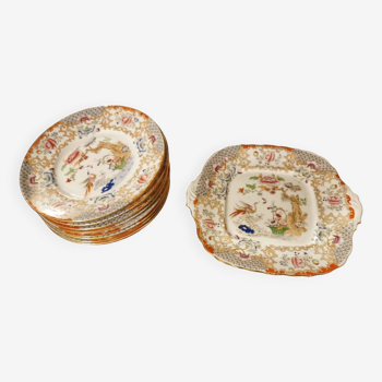 Assiettes carrées à gâteau anglaises en porcelaine phosphatique à décor chinois 21\times23