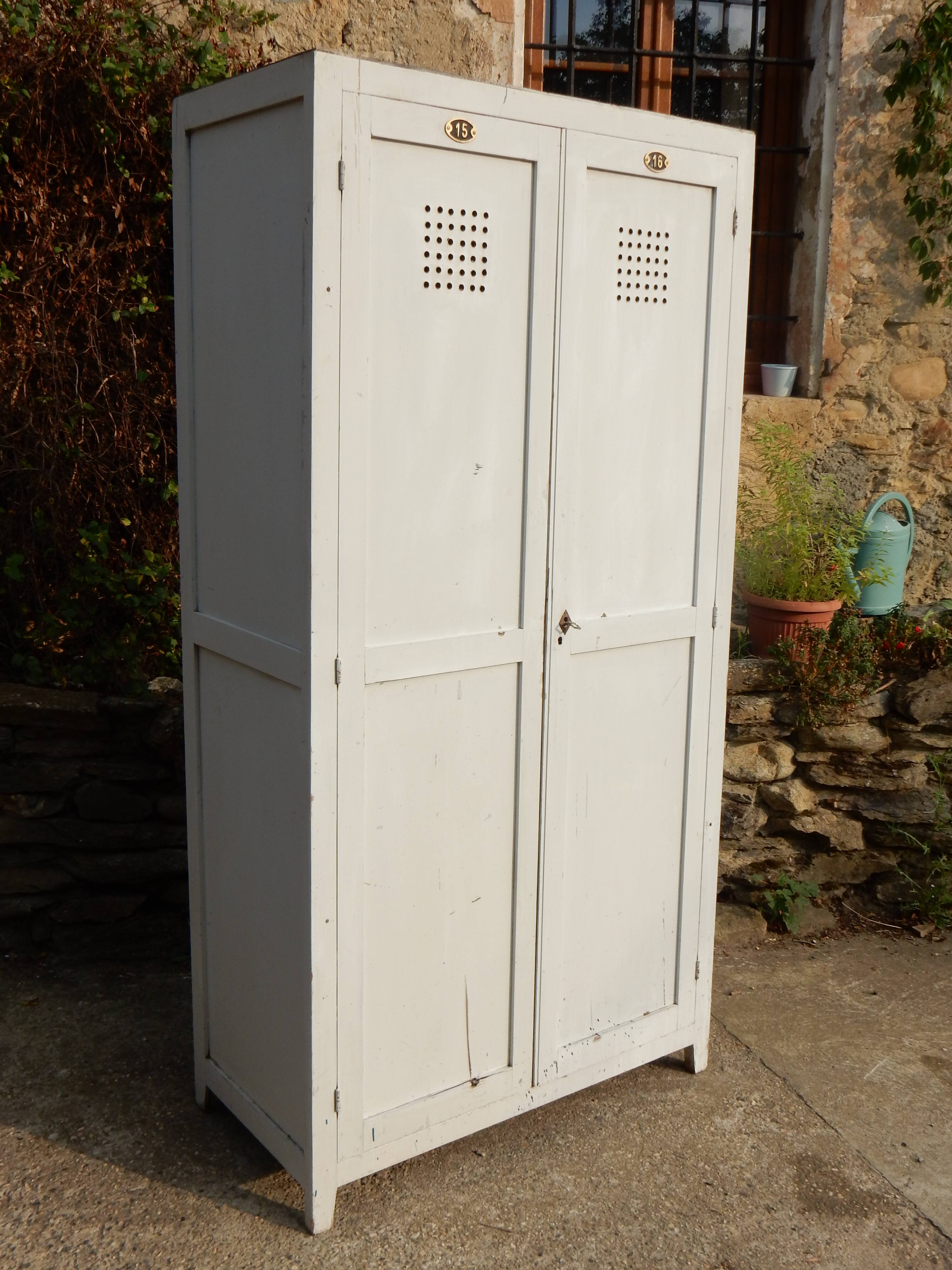Wardrobe / Old industrial patinated wooden locker / Workshop furniture