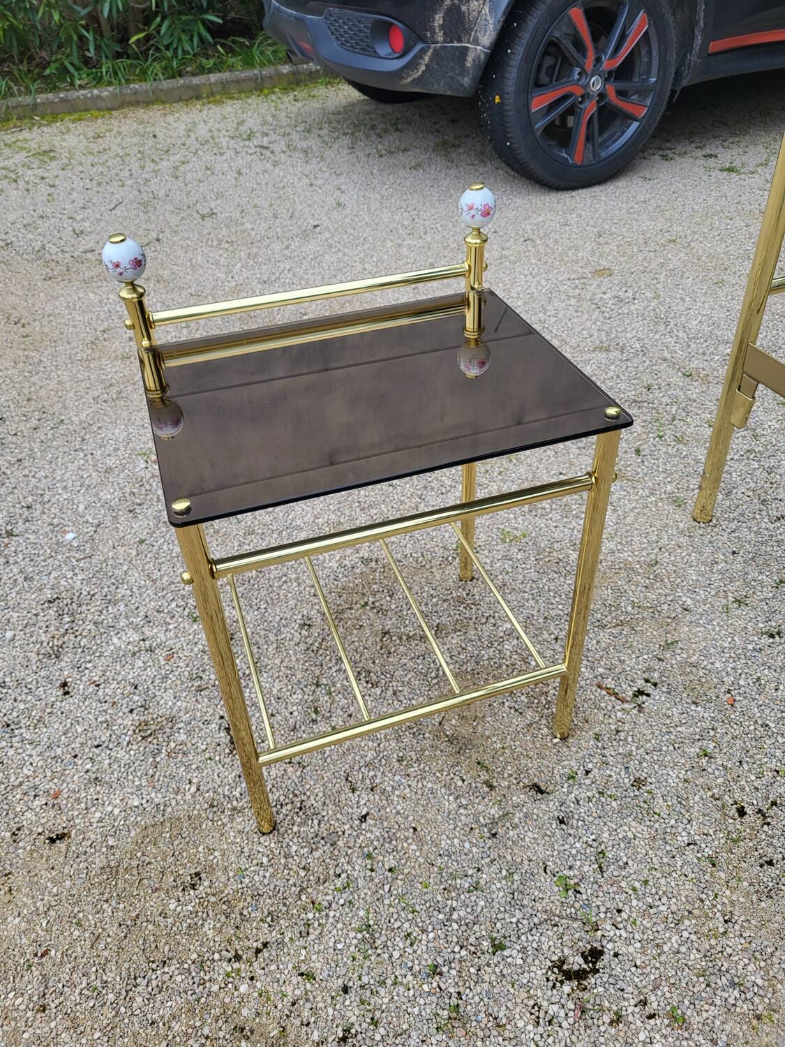 Vintage single bed and nightstand in gilded brass