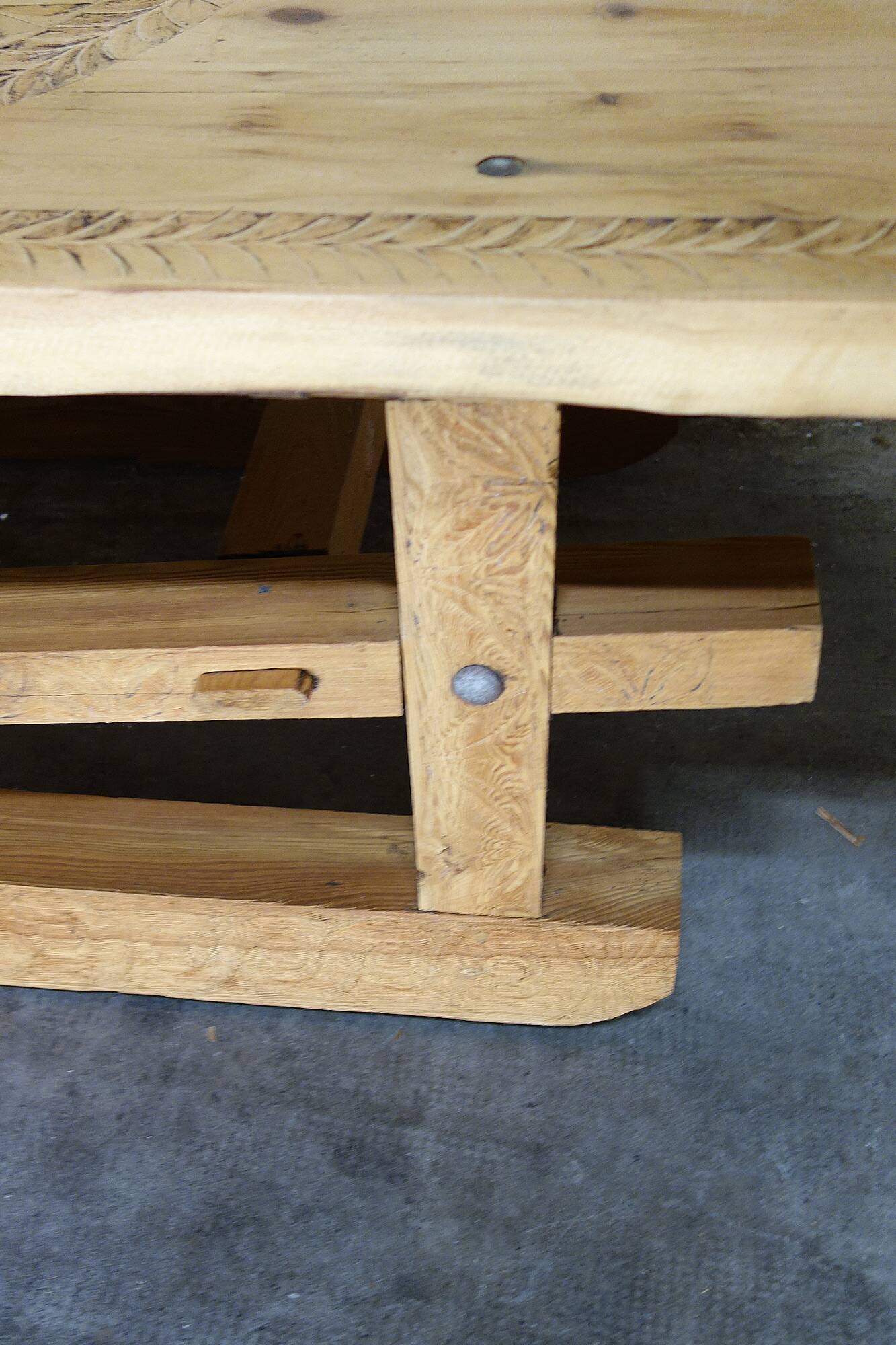 Large 19th century sculpted sled coffee table, folk art, France