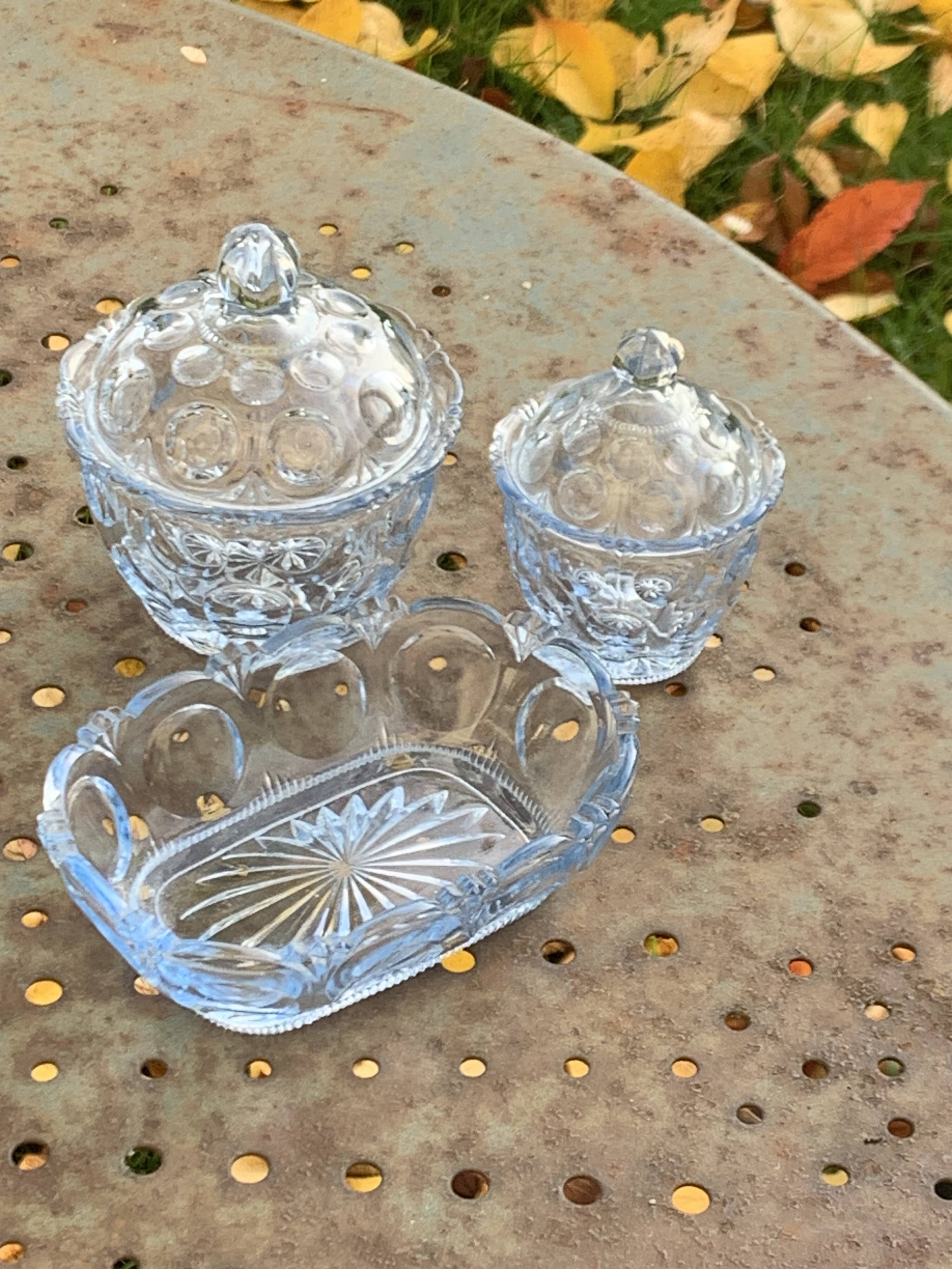 Lot consisting of 3 glassware, lavender blue, two jars with lids and a pocket emptier, vintage