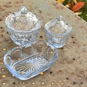 Lot consisting of 3 glassware, lavender blue, two jars with lids and a pocket emptier, vintage