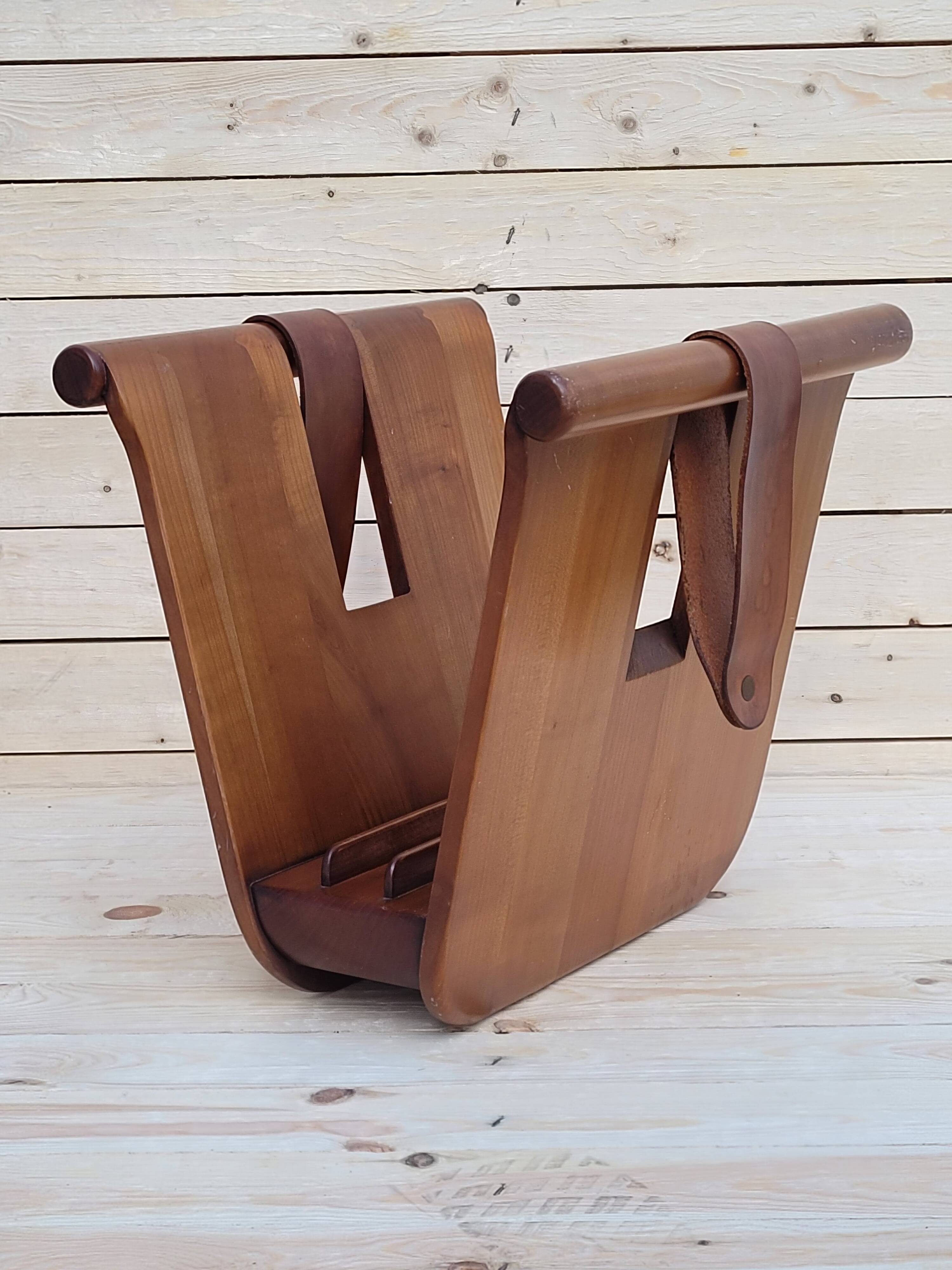 Magazine holder or vinyl in wood and leather vintage design 1960/70