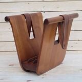 Magazine holder or vinyl in wood and leather vintage design 1960/70