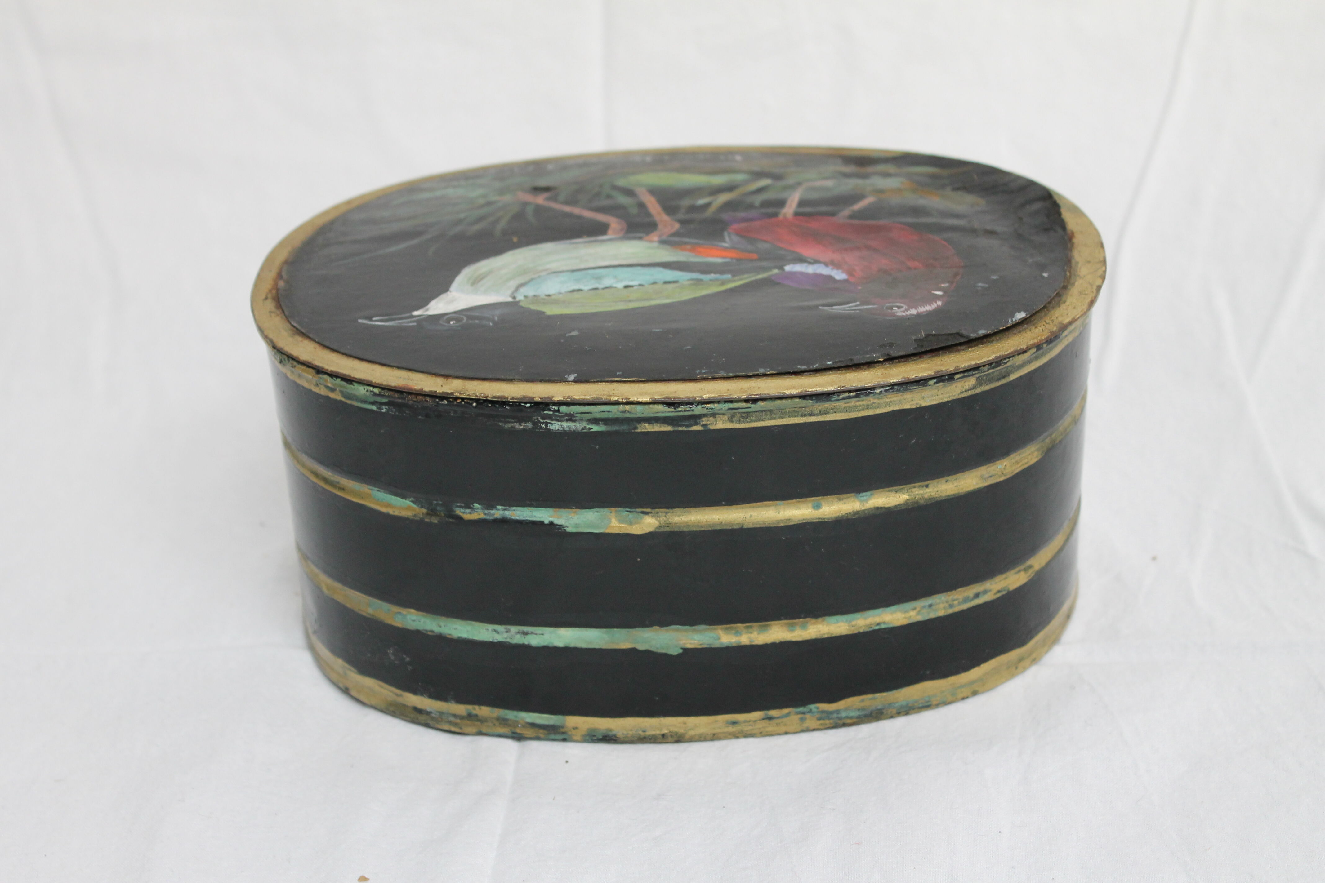 Napoleon III style metal box with painted and signed leather