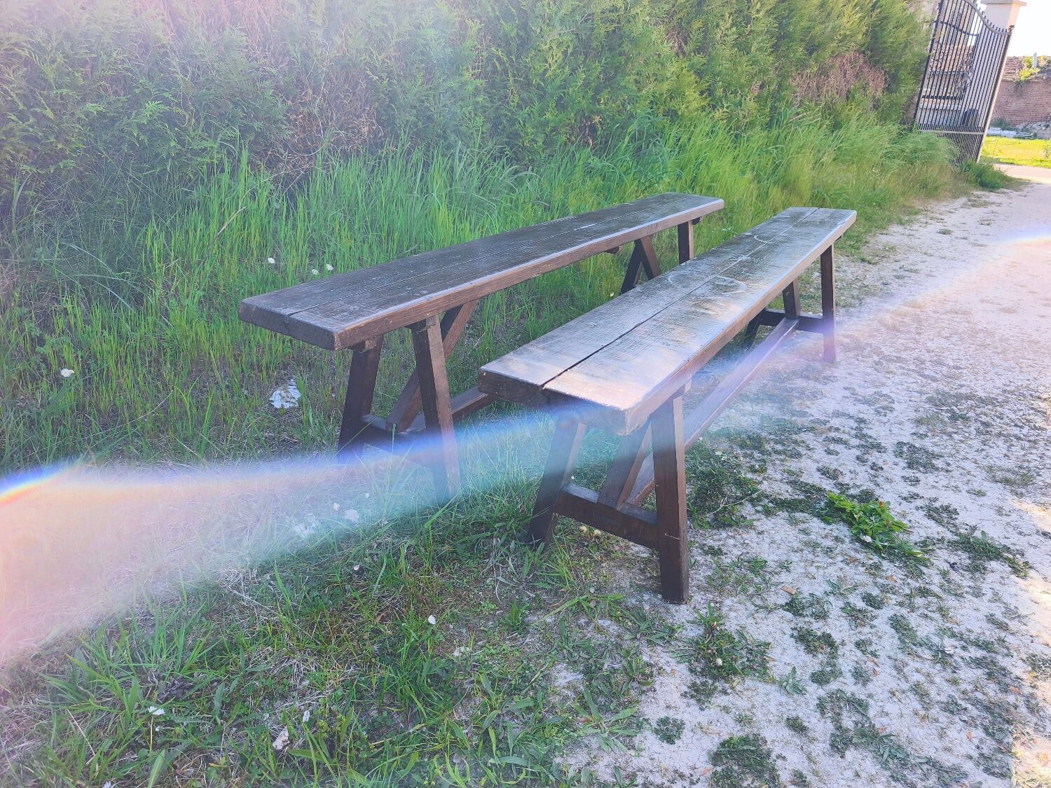 Pair of rustic antique long benches in solid wood – 195 cm