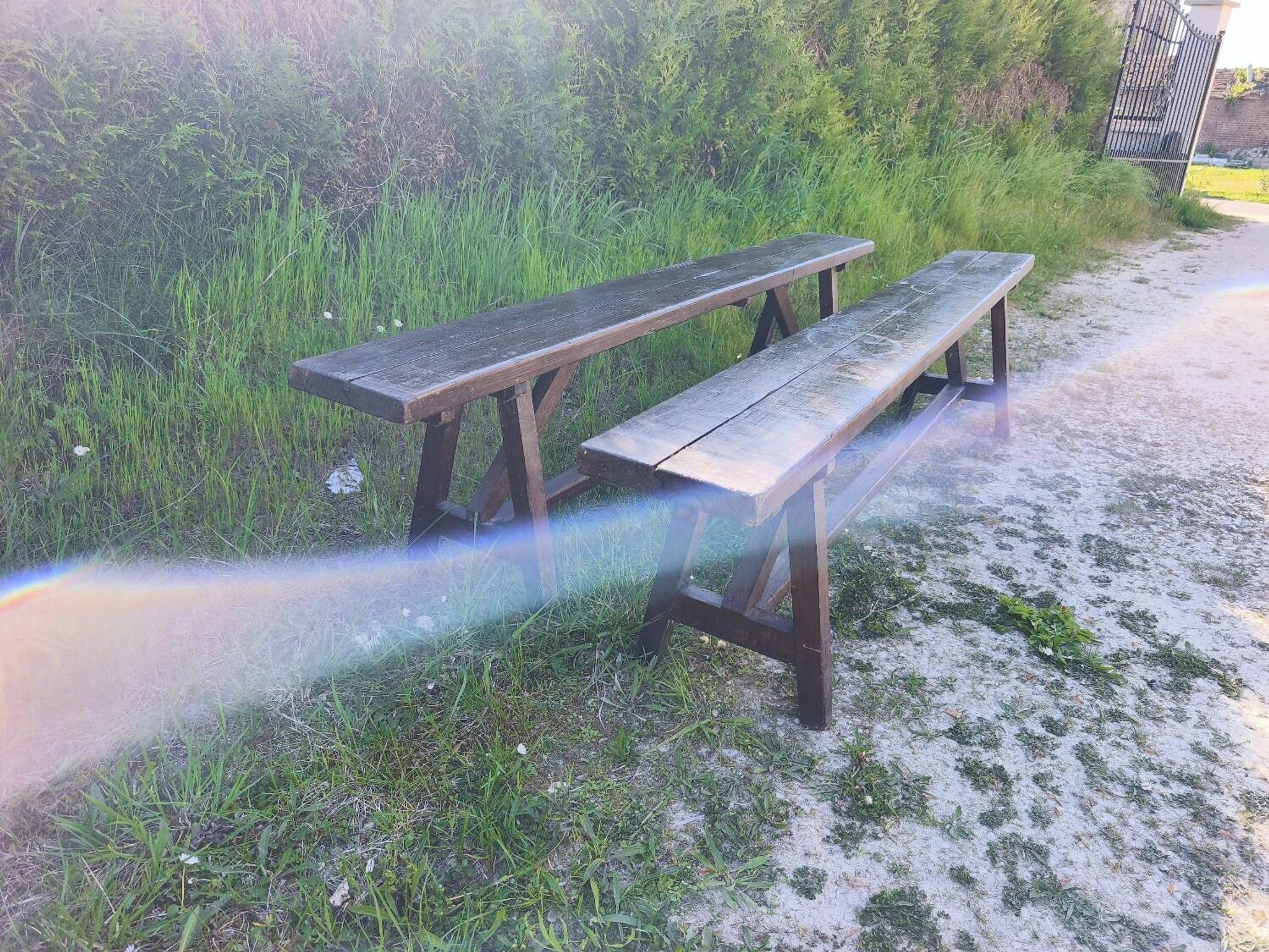 Pair of rustic antique long benches in solid wood – 195 cm