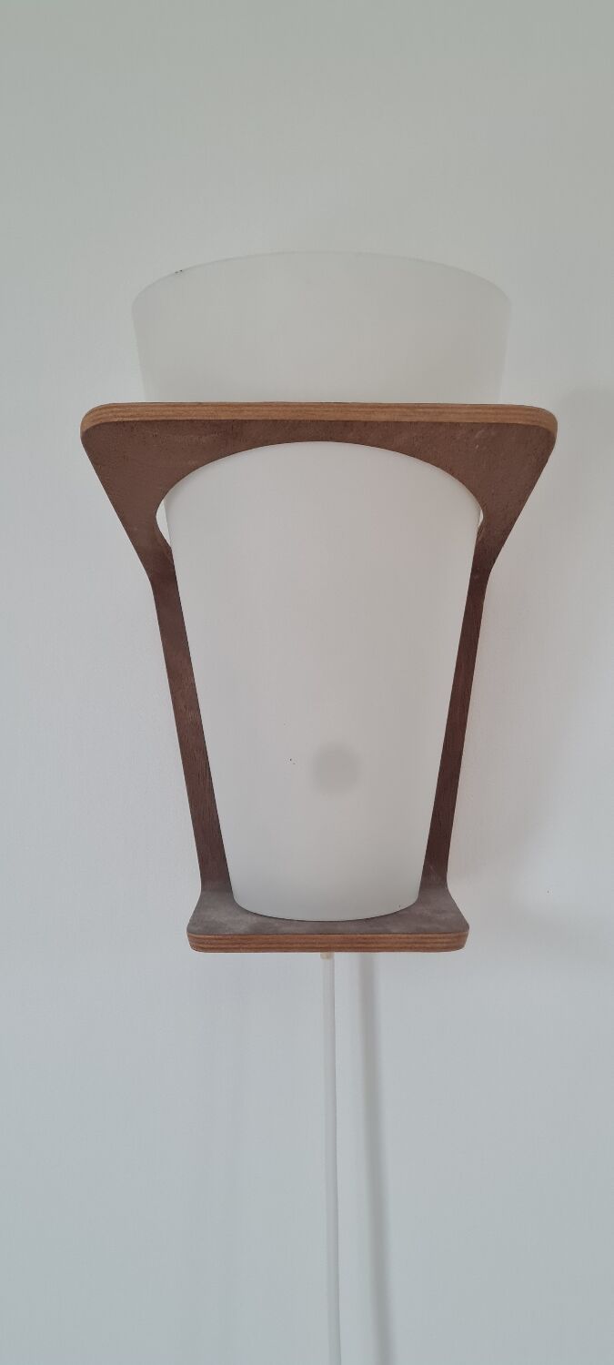 Pair of Louis Kalff frosted wood and opaline sconces