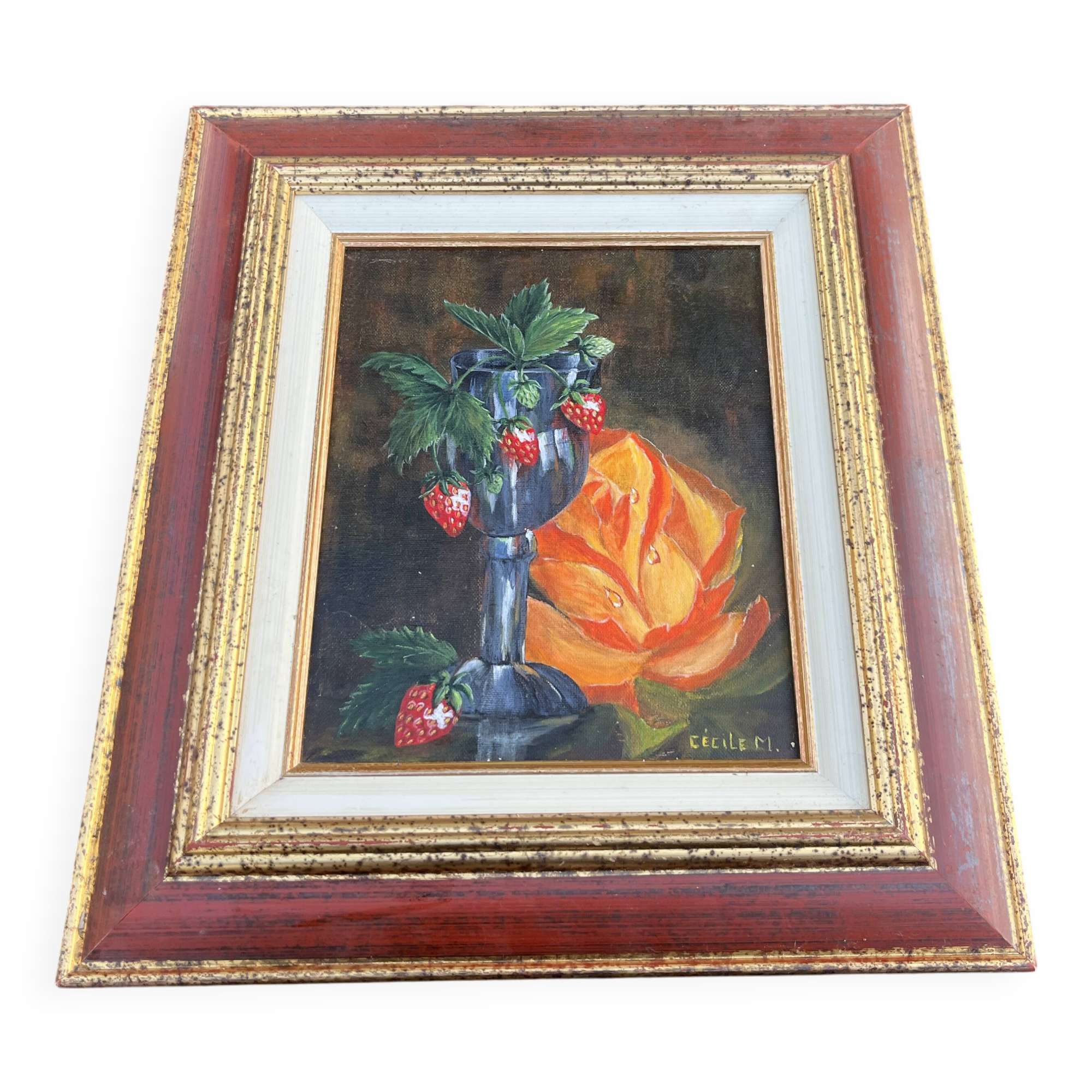 Still life with strawberries – Oil on canvas signed cecile m