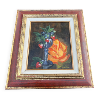 Still life with strawberries – Oil on canvas signed cecile m