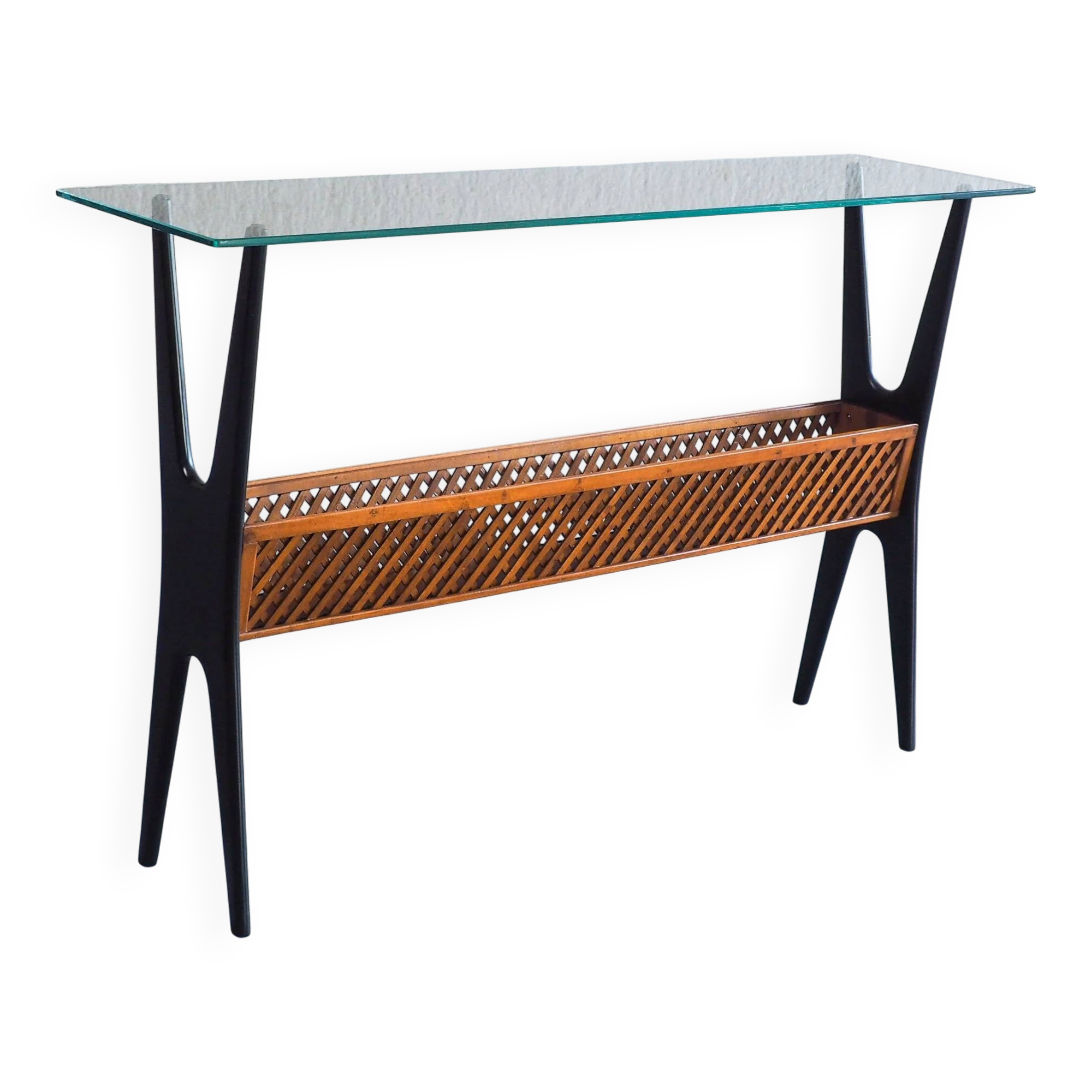 1950s Italian ebonized console table with glass top & lattice basket
