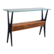 1950s Italian ebonized console table with glass top & lattice basket