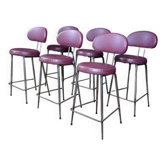 Set of 6 vintage burgundy leatherette high bar chairs for SIF France