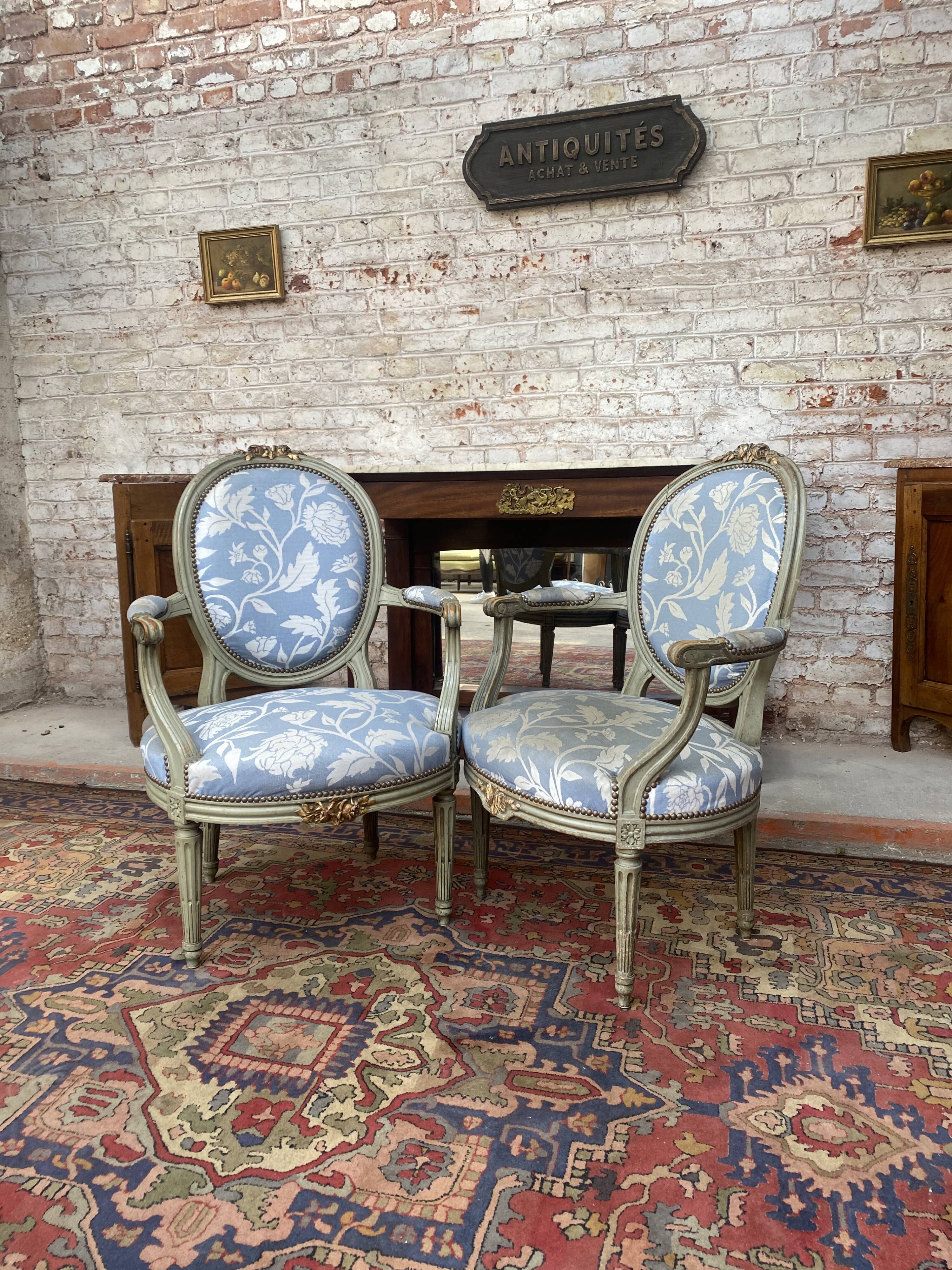 Pair of armchairs medallion in lacquered wood style louis xvi xix eme century