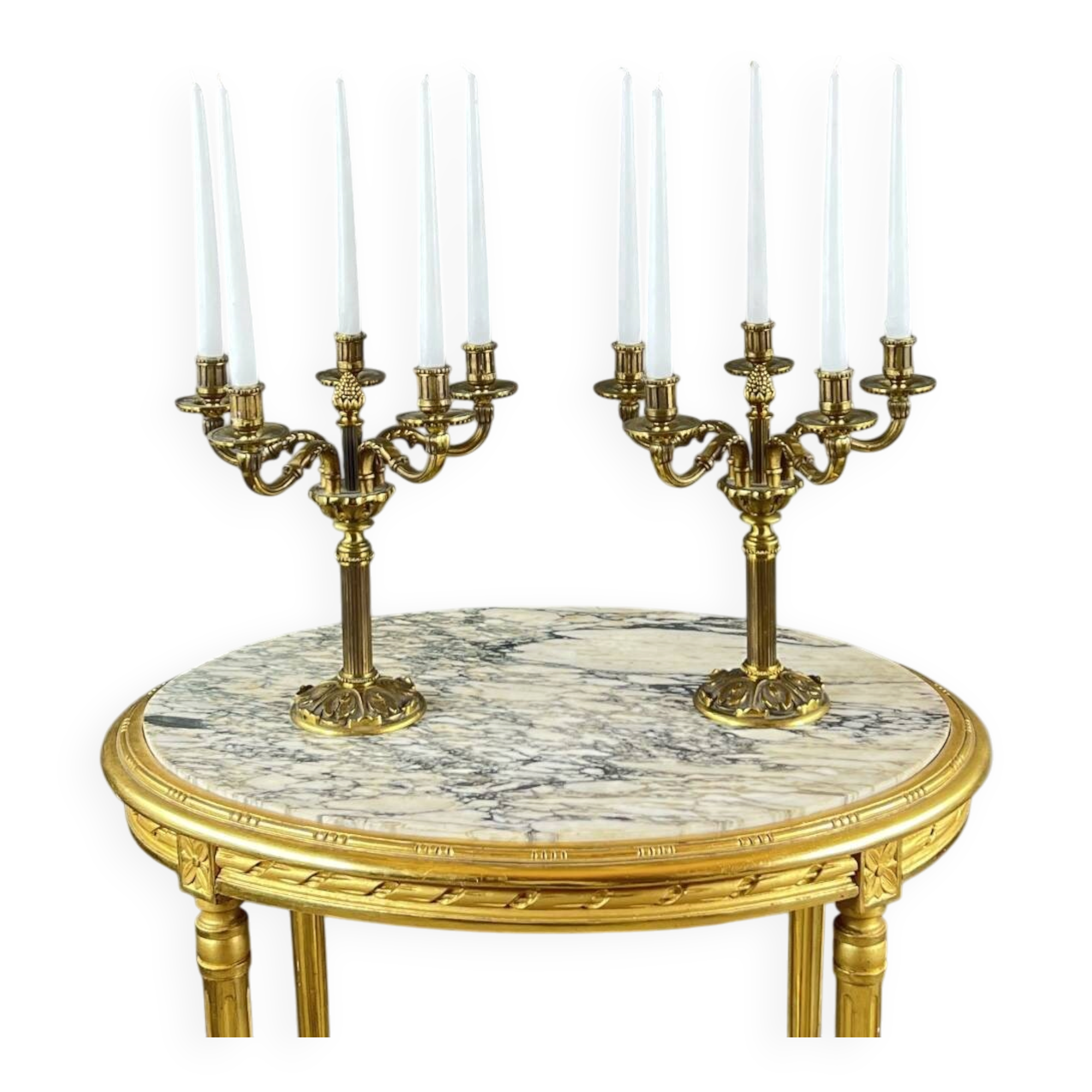 Pair of gilded bronze candelabra with 5 lights, Louis XVI style, 20th century.