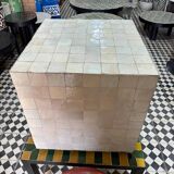 Ivory white Zellige ceramic cube side table