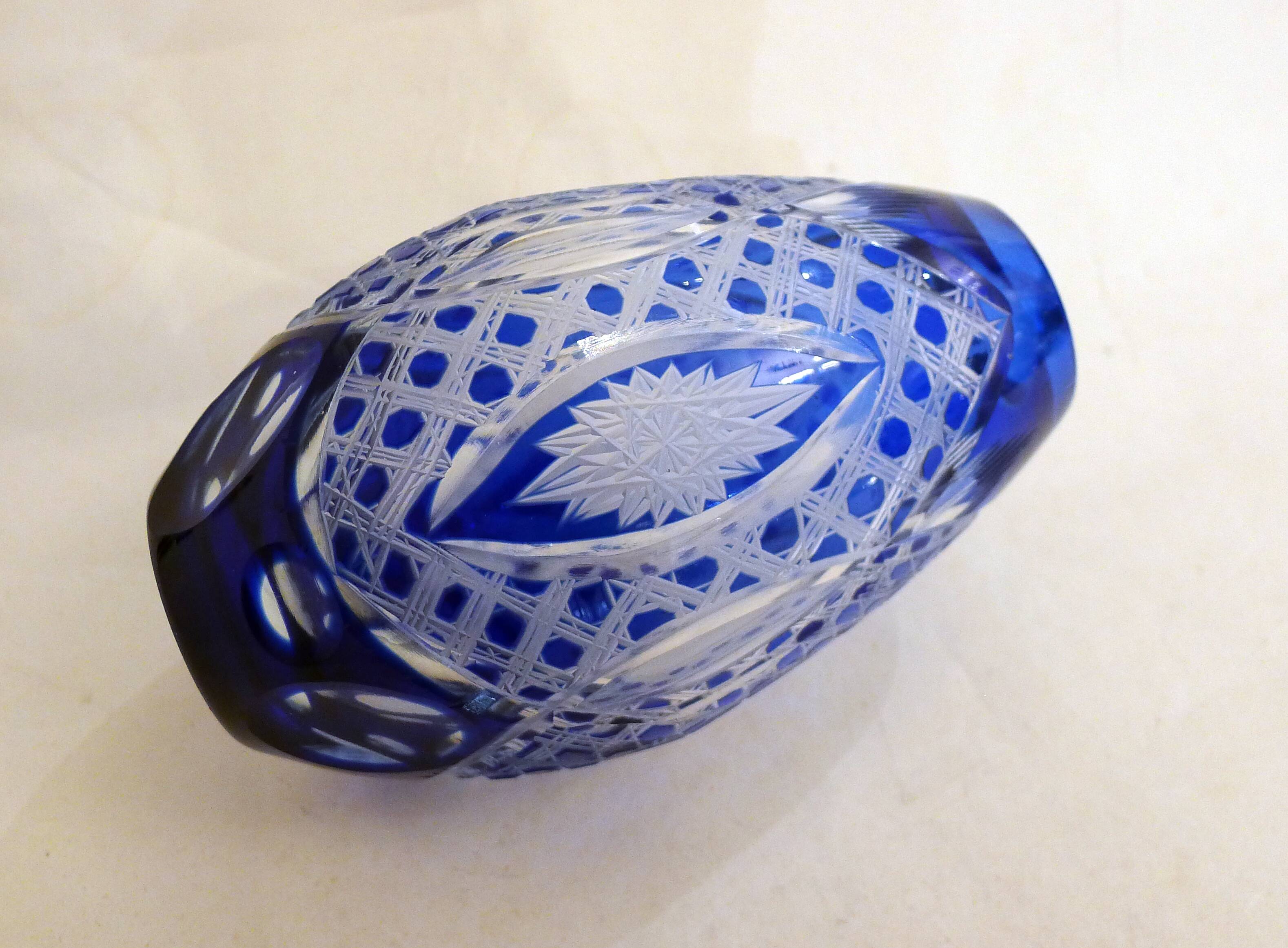 Small Bohemian crystal vase, cut with cobalt lining