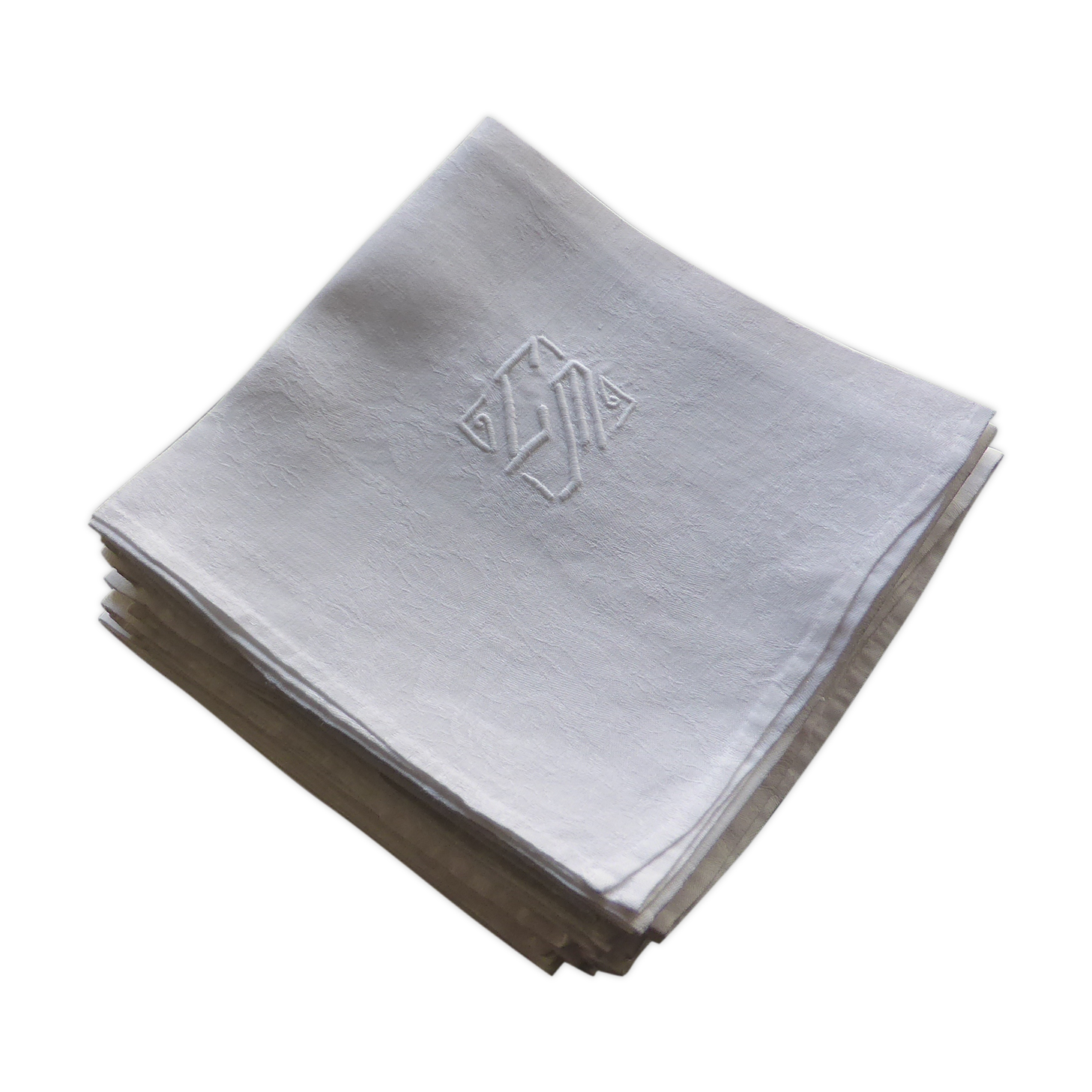 12 antique damask towels decorated with roses and embroidered with CM monogram