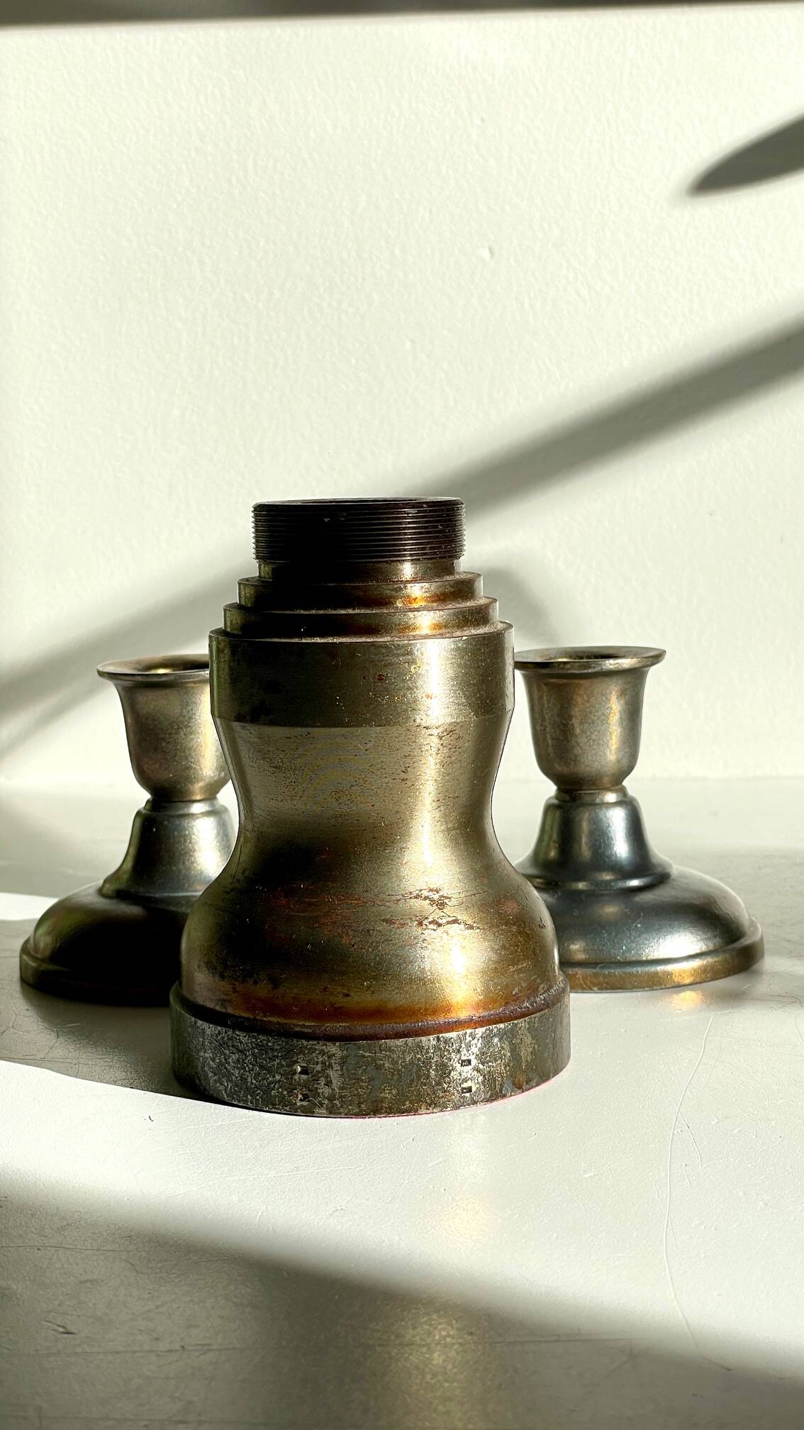 Industrial candle holders steel and silver bronze vintage