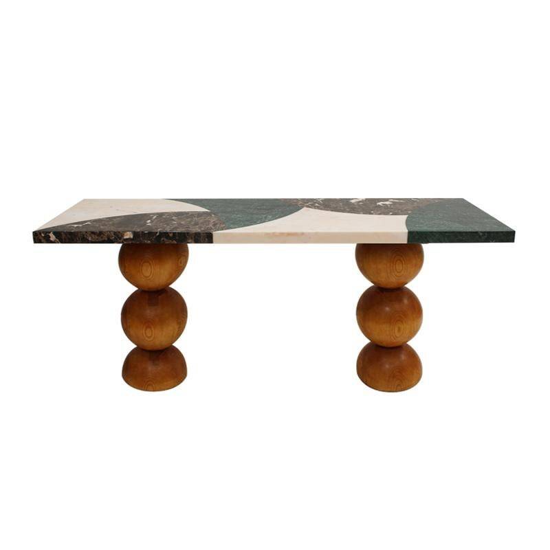 Italian Contemporary Marquetry Marble and Wood Legs Console Table by L.A. Studio