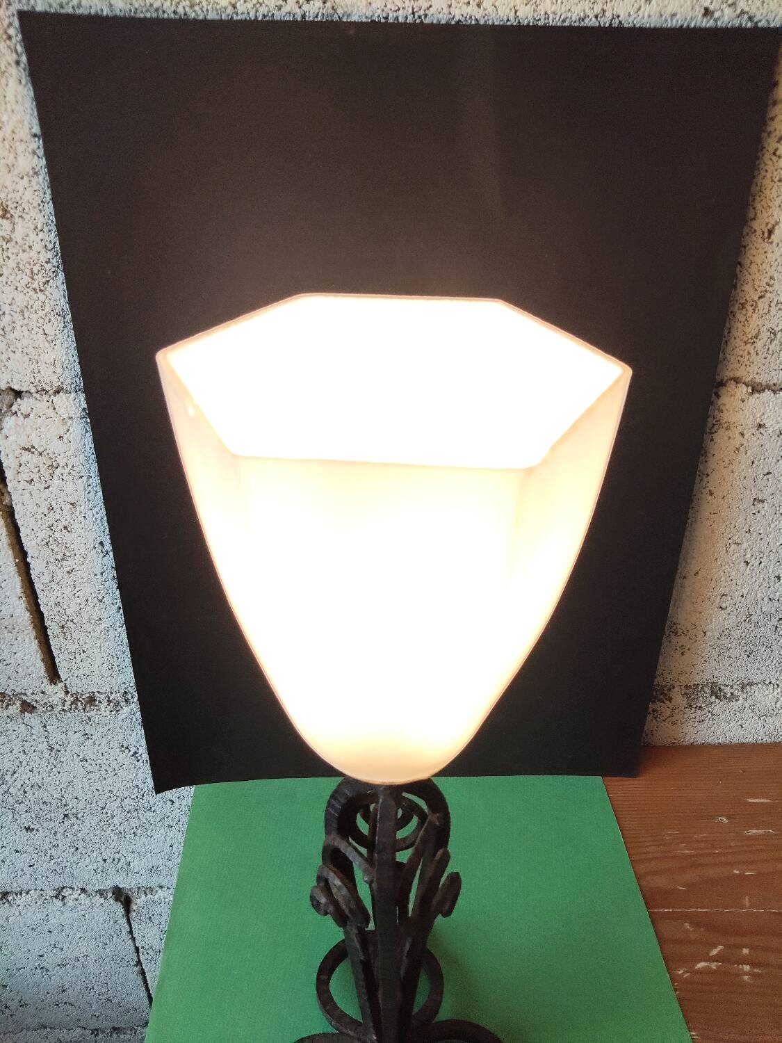 Hammered wrought iron lamp with white opaline Handmade craftsmanship