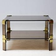 Table basse Hollywood Regency en verre fumé – Construction modulaire en laiton