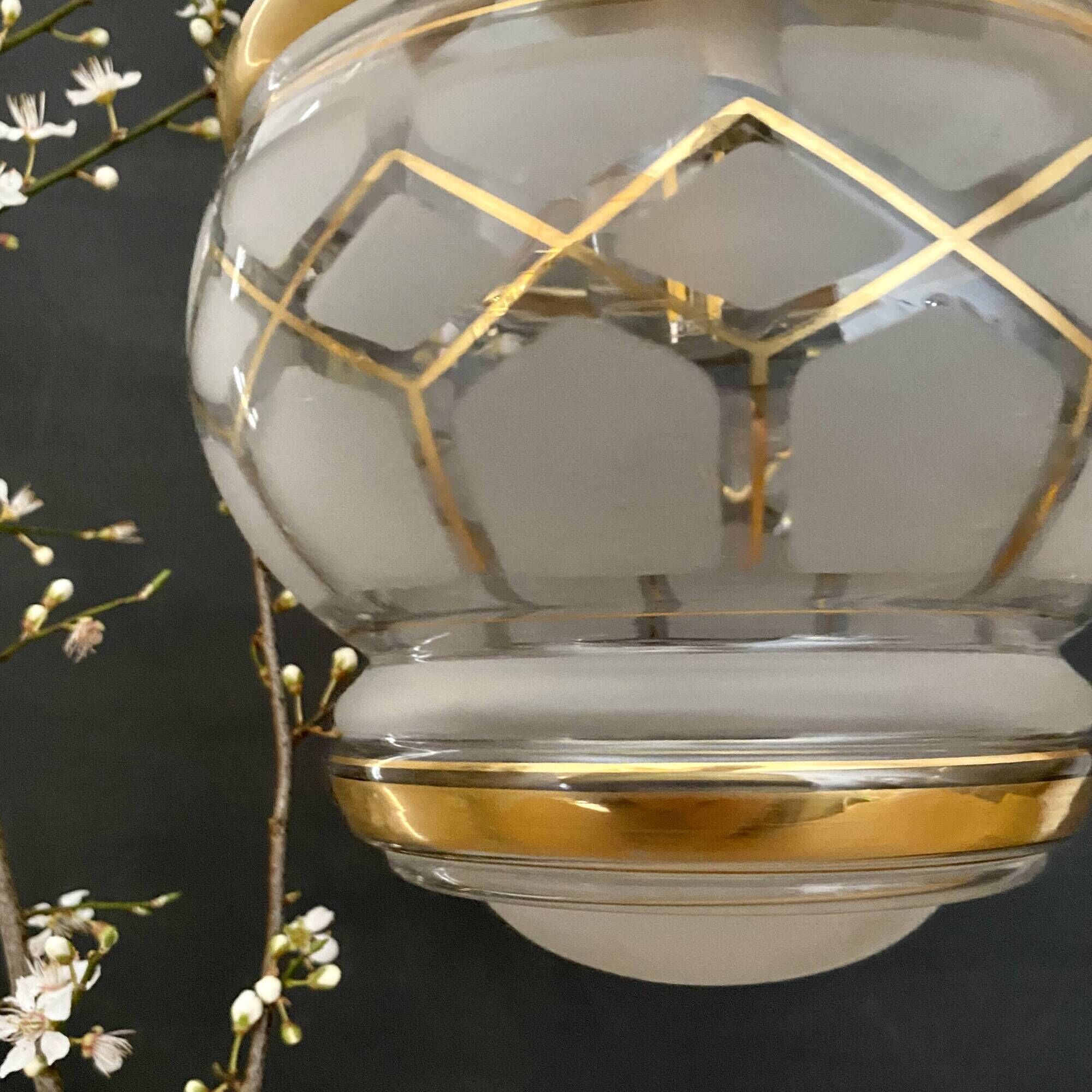 Vintage art deco globe pendant light in white and gold frosted glass