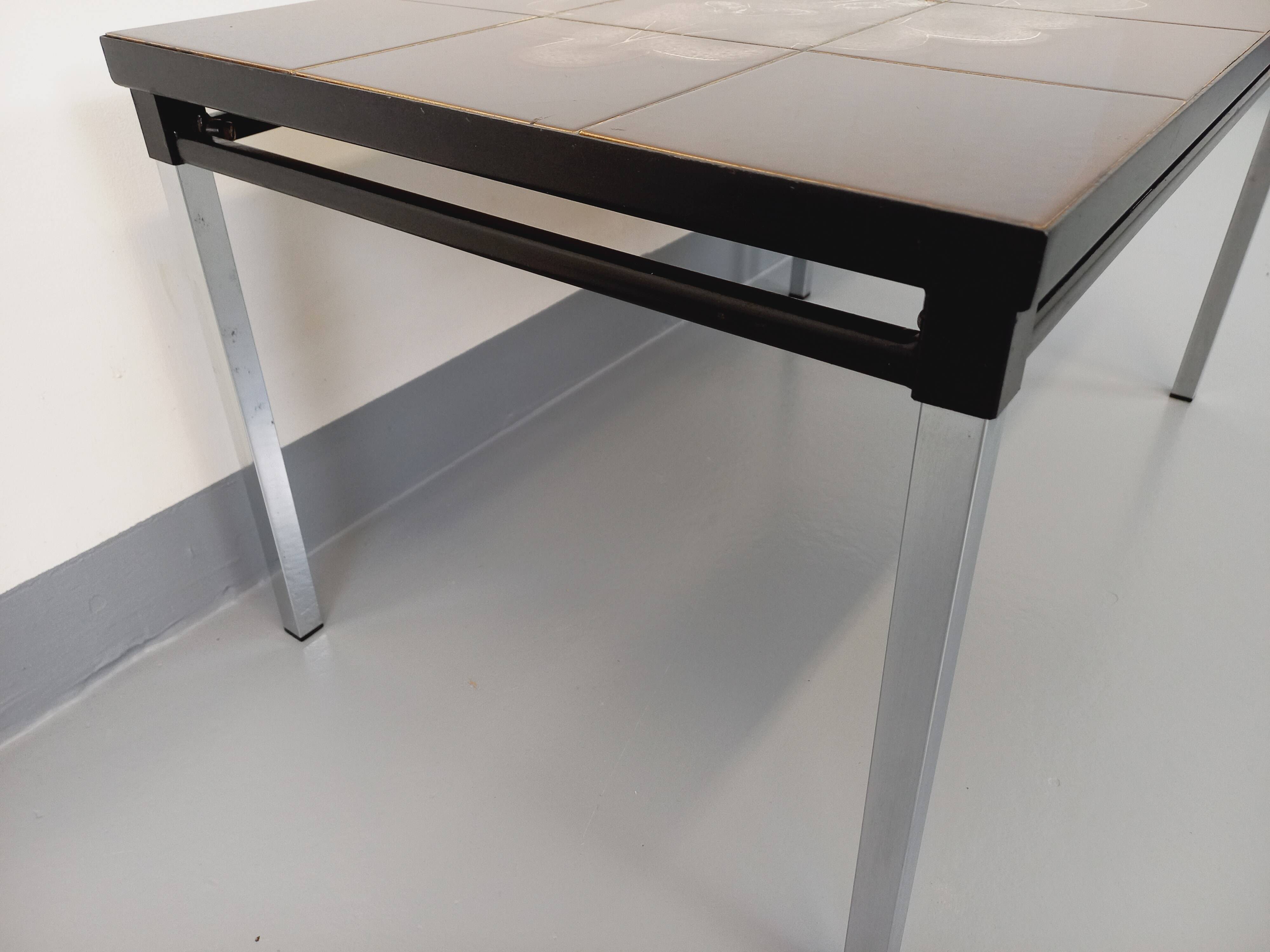 Vintage rectangular coffee table from the 60s 70s in ceramic, black metal and chrome metal