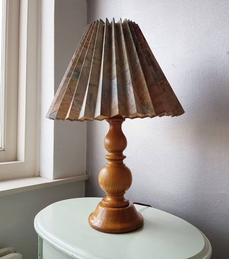 Vintage wooden lamp with pleated fabric lampshade 1980