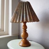 Vintage wooden lamp with pleated fabric lampshade 1980