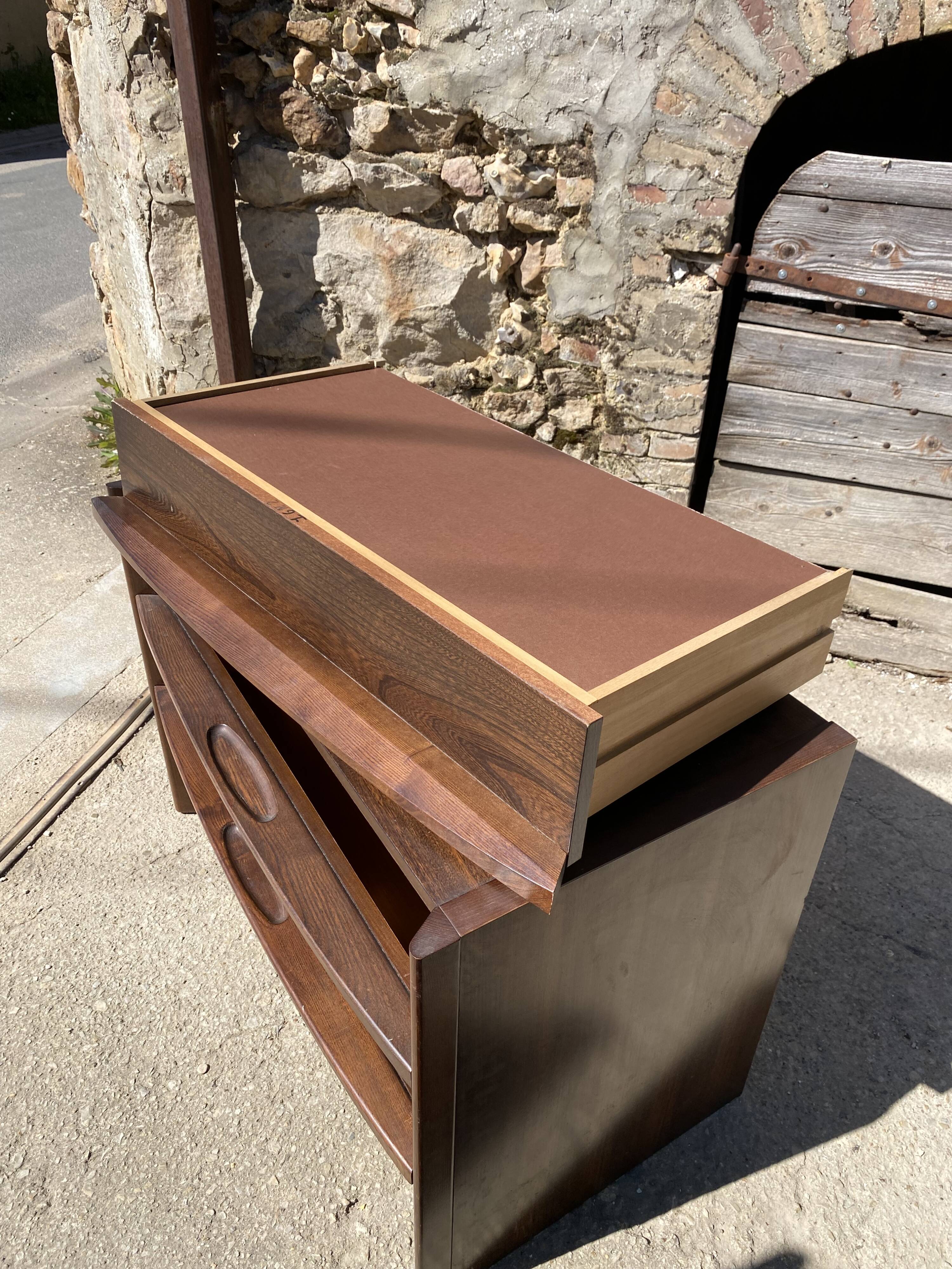 Vintage 1970s solid elm wood commode with 3 drawers.