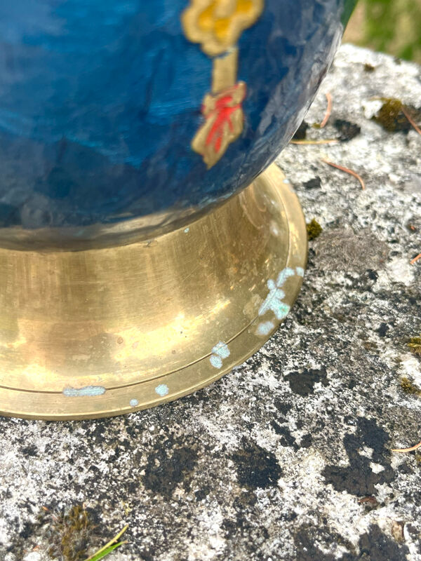 Seau à glace en laiton cloisonné, refroidisseur à champagne floral en émail bleu