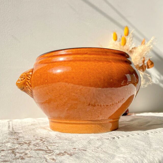 Vintage ceramic lion head soup tureen - honey and black, made in France.