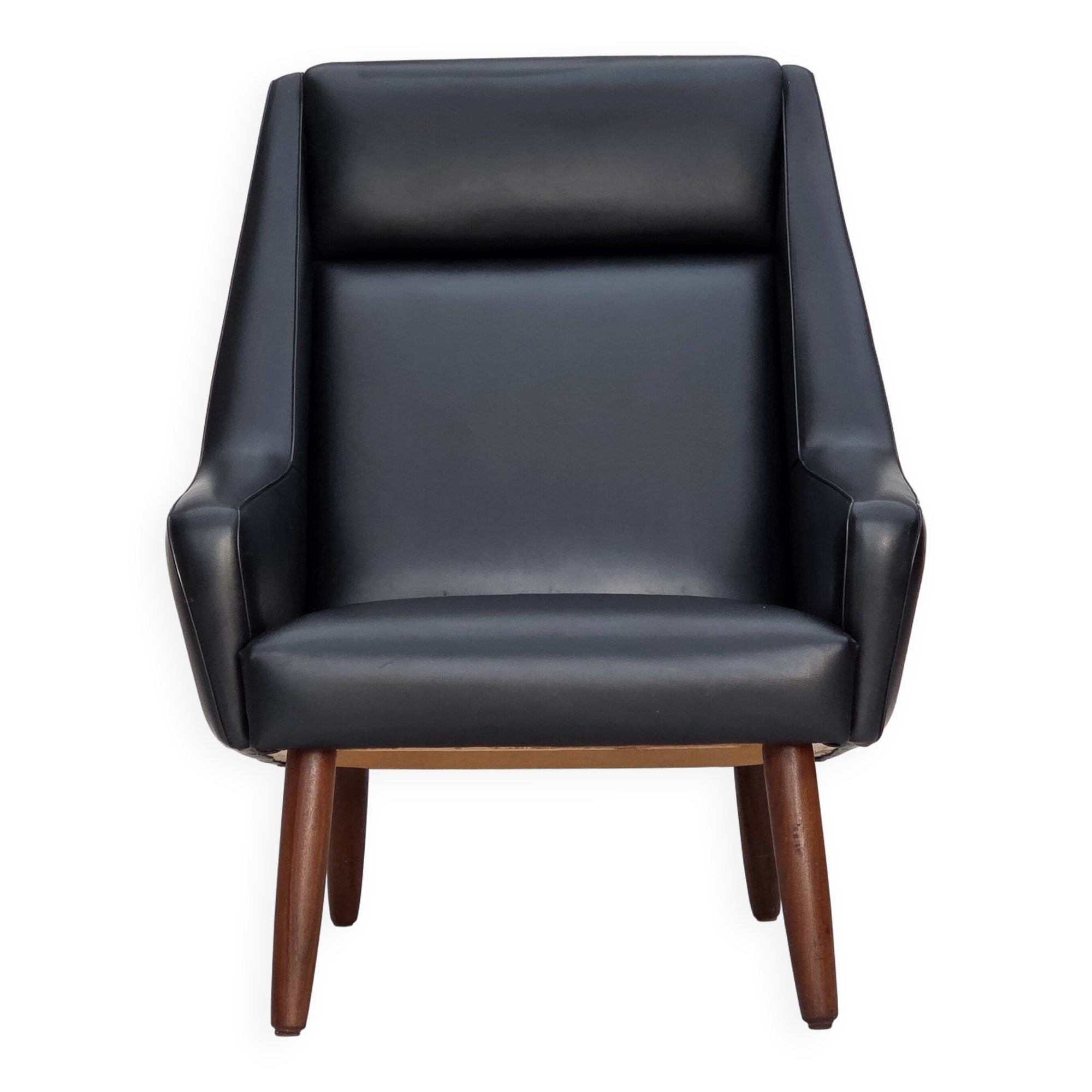 1970s, Danish highback armchair, black artificial leather, teak wood legs.