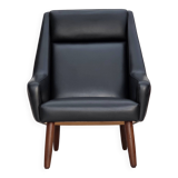 1970s, Danish highback armchair, black artificial leather, teak wood legs.