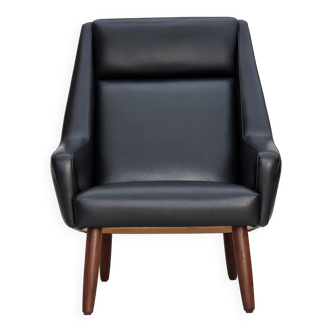 1970s, Danish highback armchair, black artificial leather, teak wood legs.