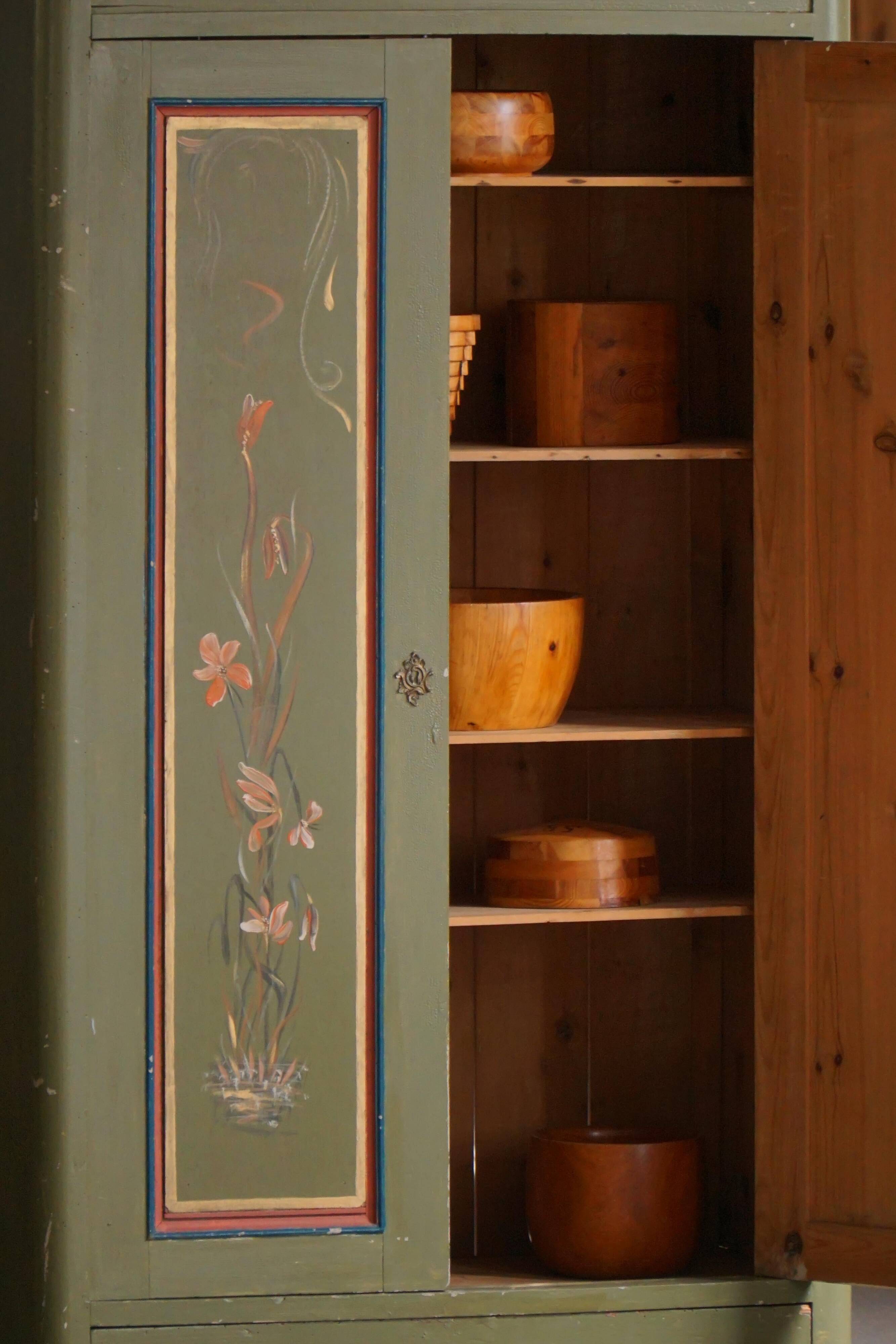 Old Danish cupboard painted with floral patterns, folk art, 19th century.