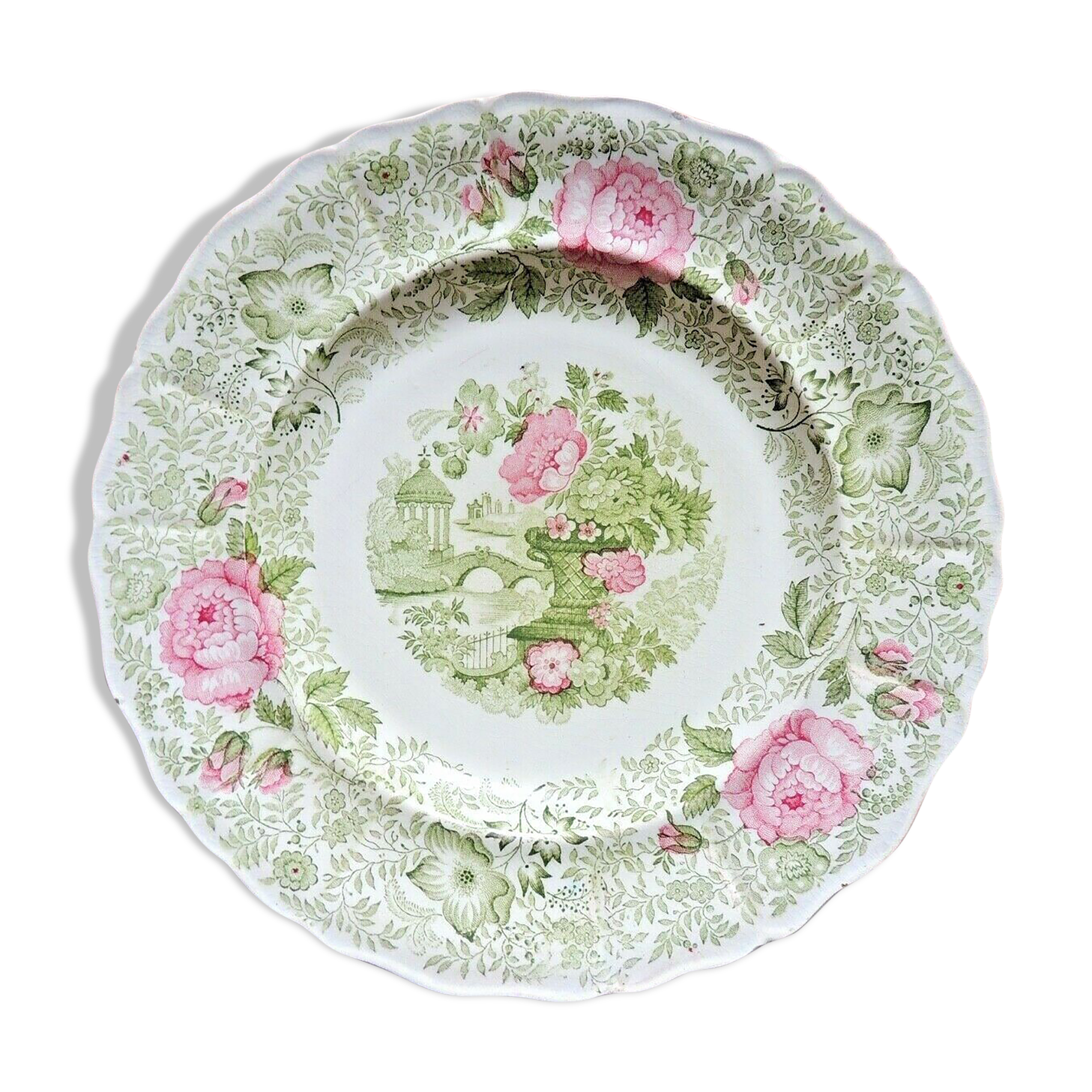 Faience plate of Creil Montereau XIXth green and pink decoration