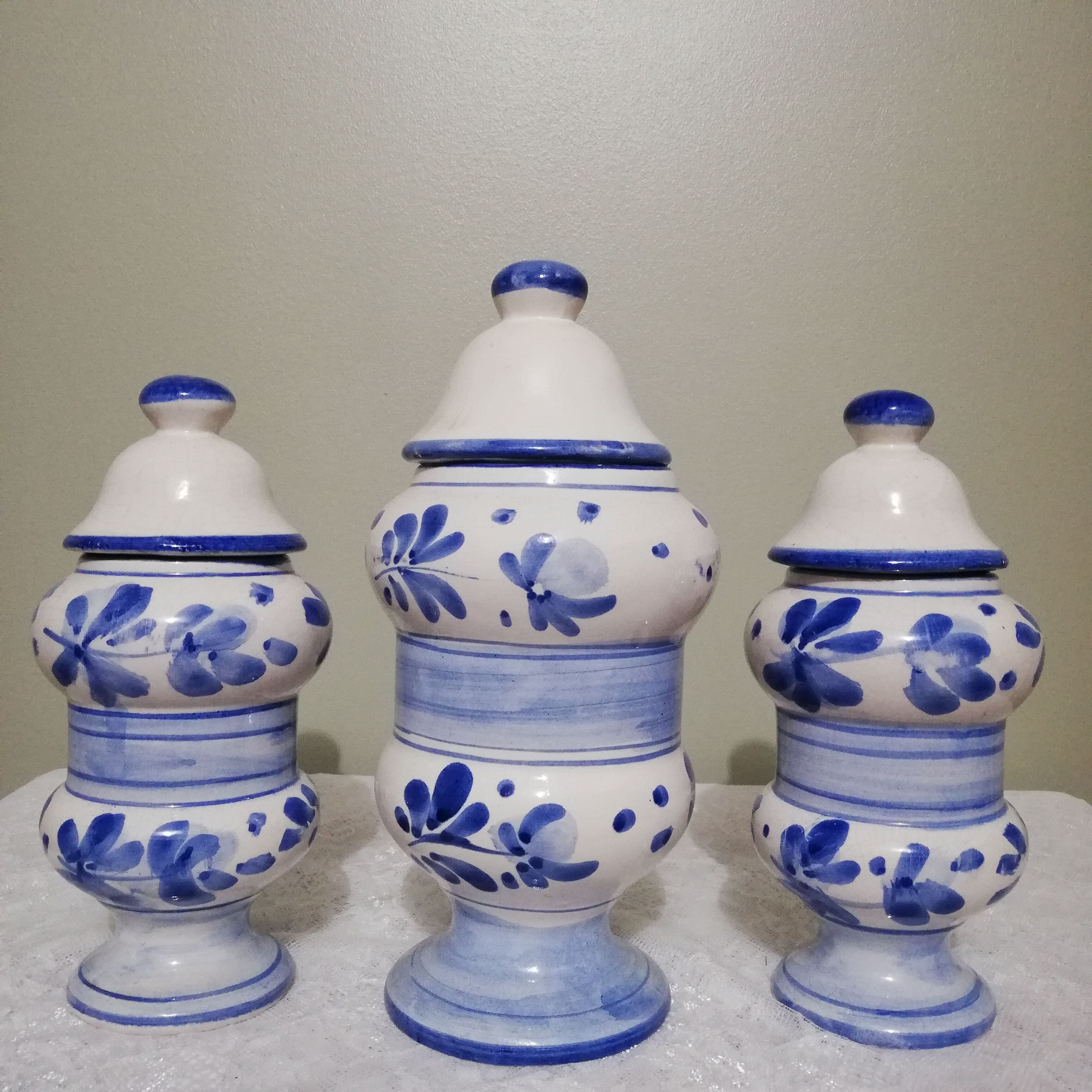 3 Delft style earthenware spice jars or apothecary pots