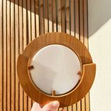 Round pine and plexiglass wall light, 1970