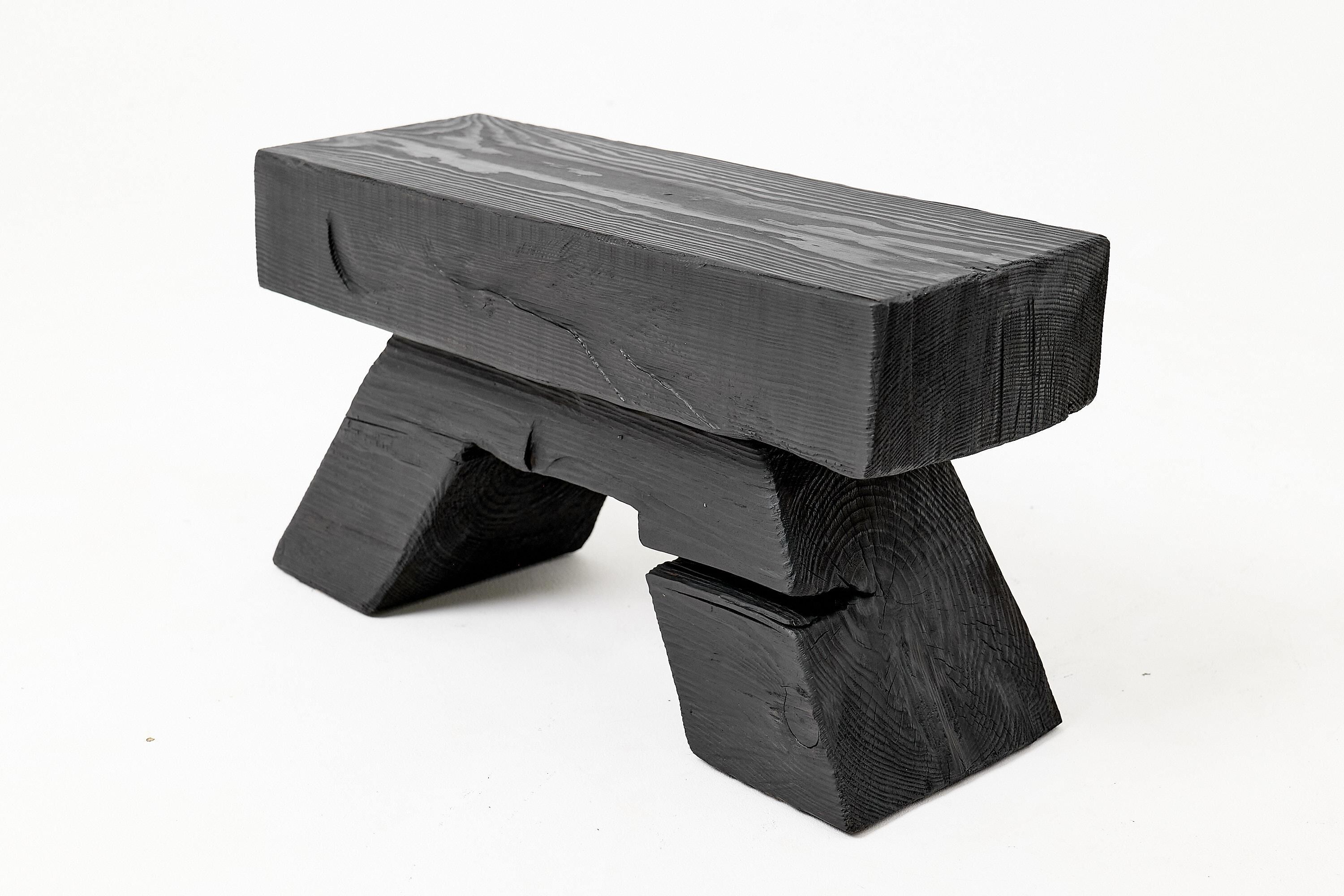 Sculptural Hardwood Stool, Side Table, Charred Wood, Hand-Carved, Logniture