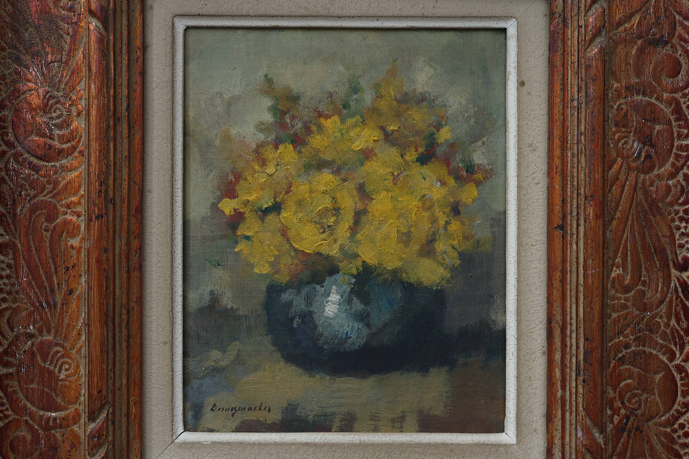 Still life with yellow flowers in a vase, ca. 1930-1950