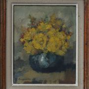 Still life with yellow flowers in a vase, ca. 1930-1950