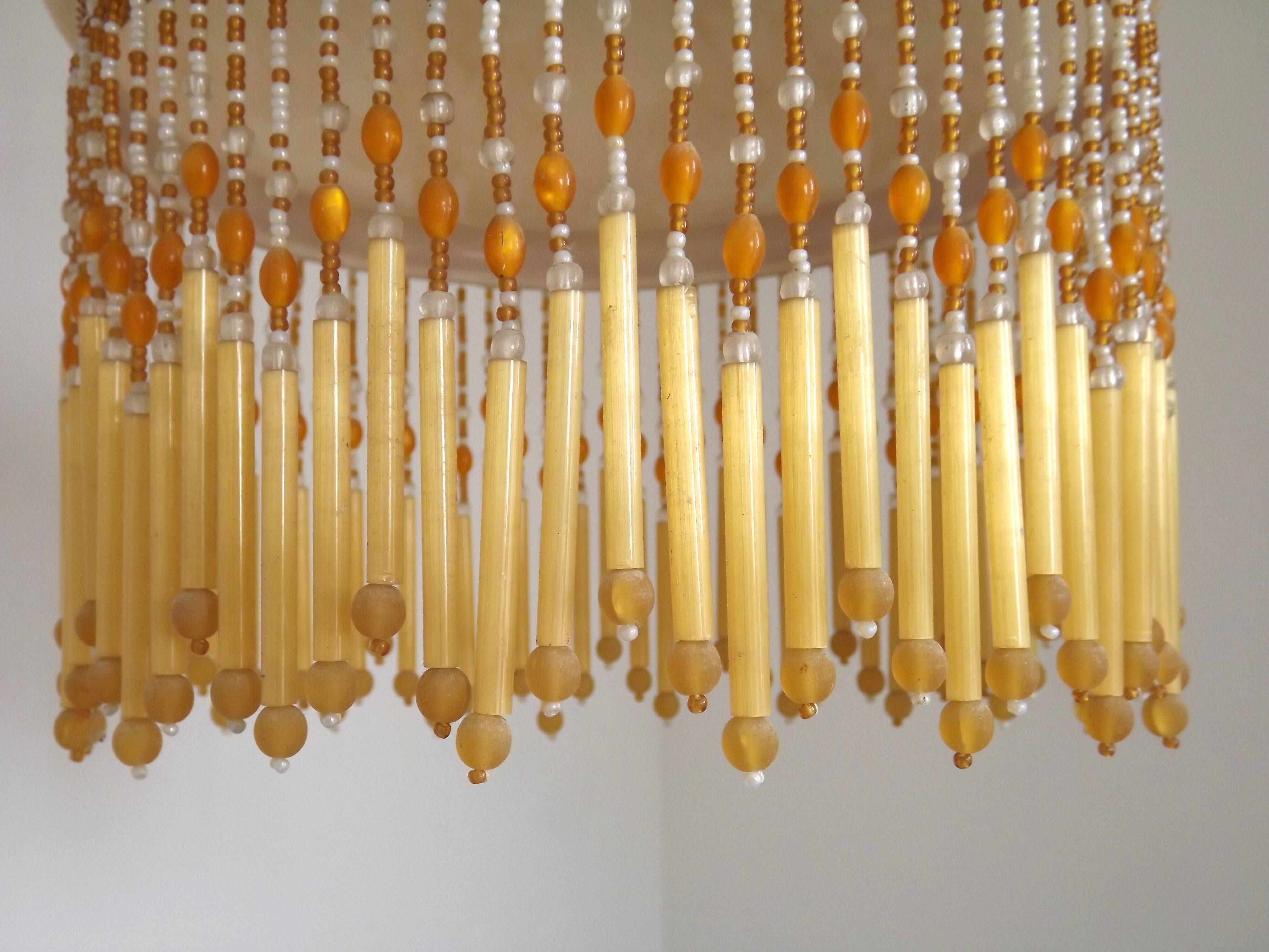 Mid Century Amber Mottled Glass Ceiling Light with Beaded Glass Fringe