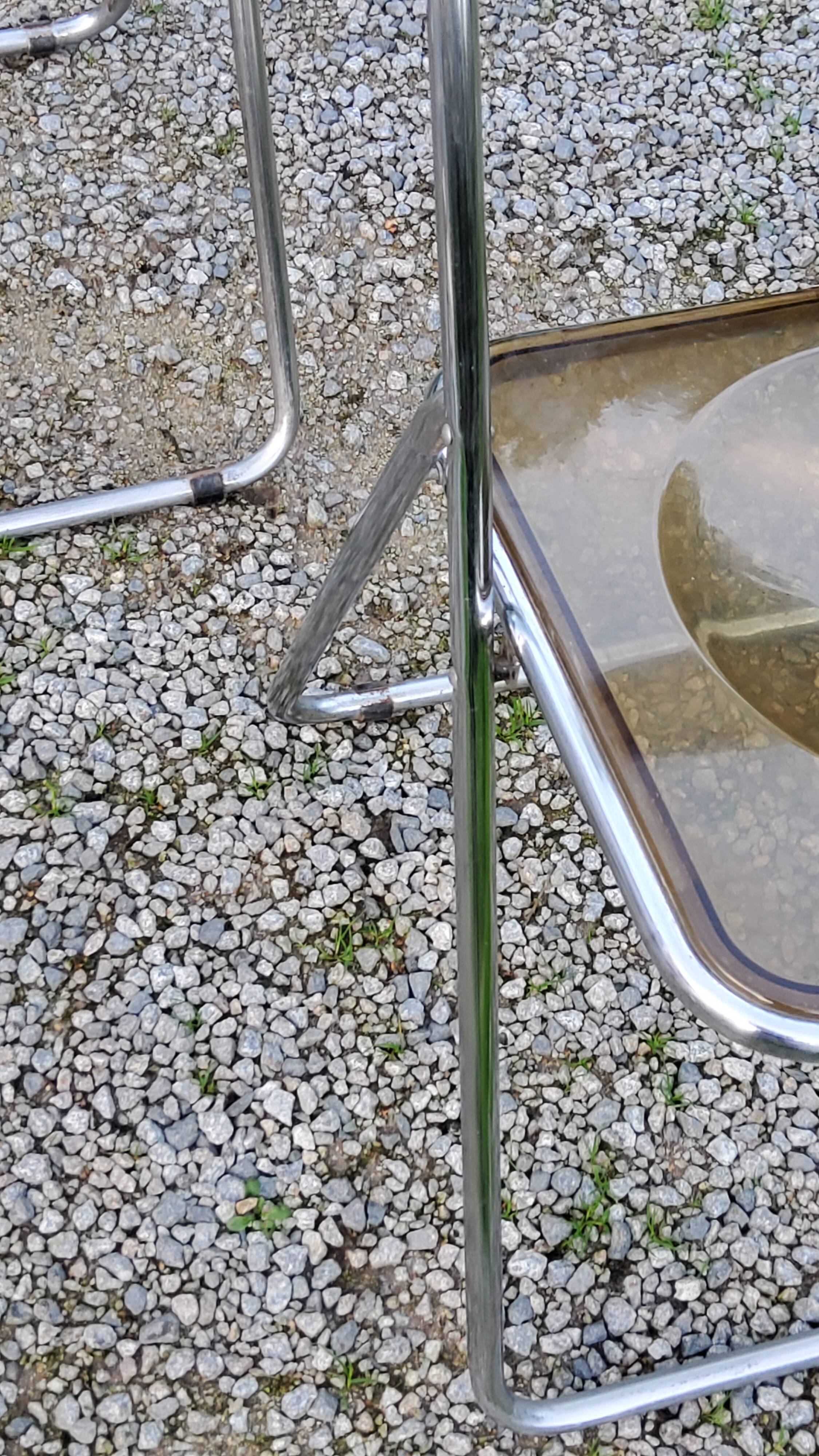 Set of 4 70s design folding chairs in smoked plexiglass and chrome metal