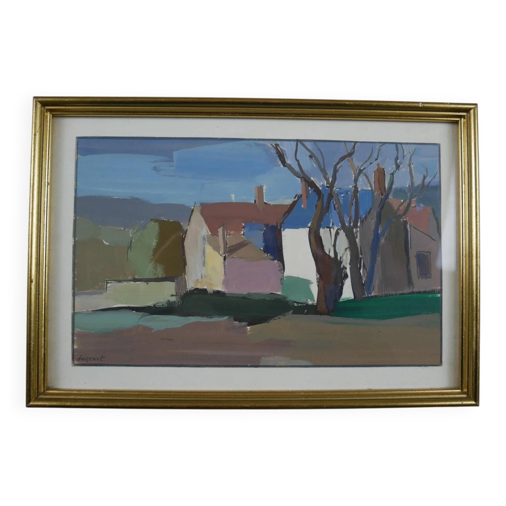 Hamlet in winter - Gouache signed Auzenet framed