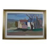 Hamlet in winter - Gouache signed Auzenet framed