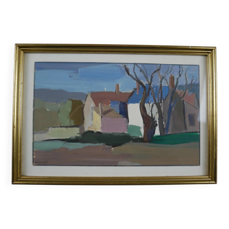 Hamlet in winter - Framed gouache signed by Auzenet