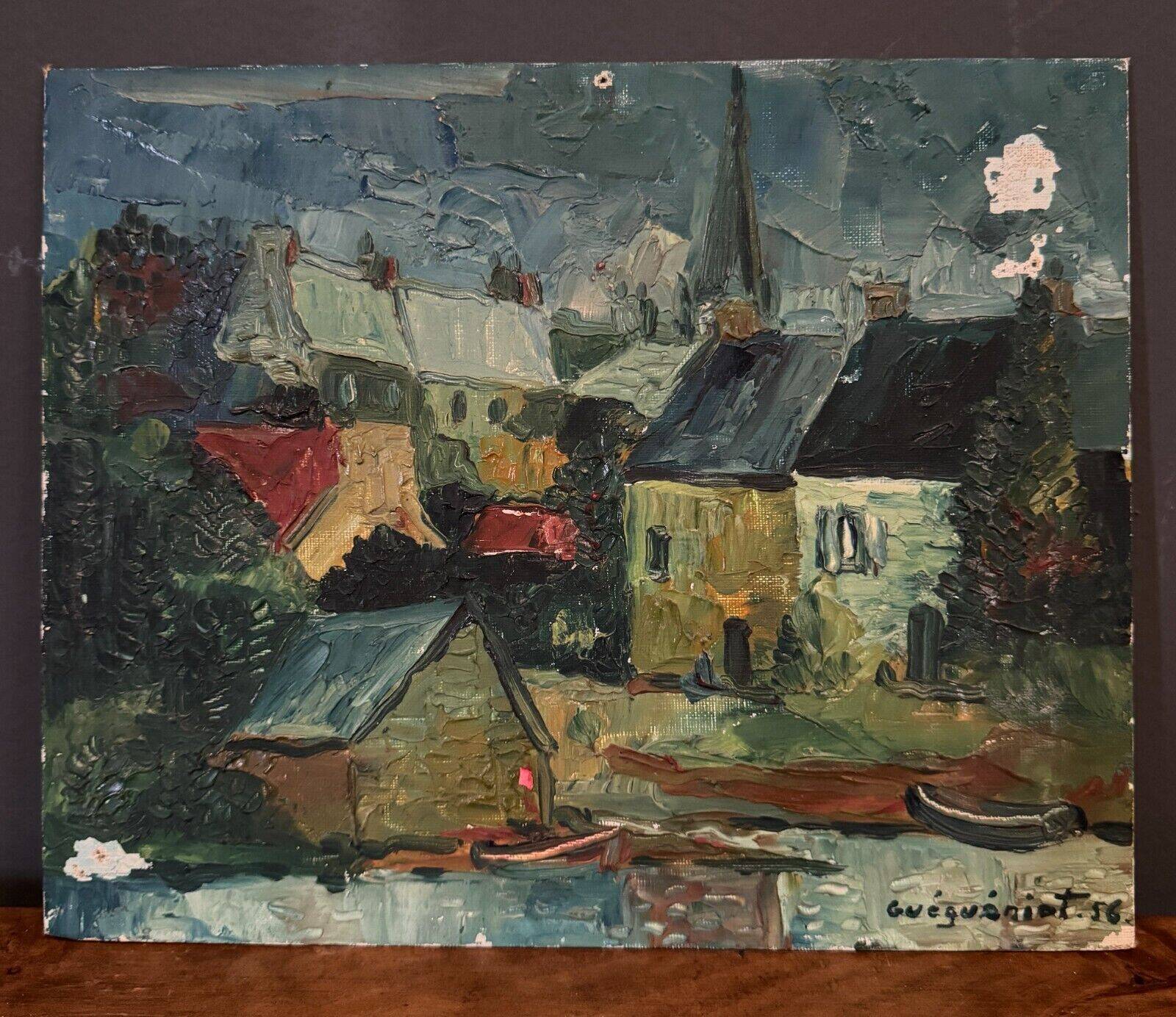 Oil on cardboard by Gérard Guéguéniat 1956 representing a village