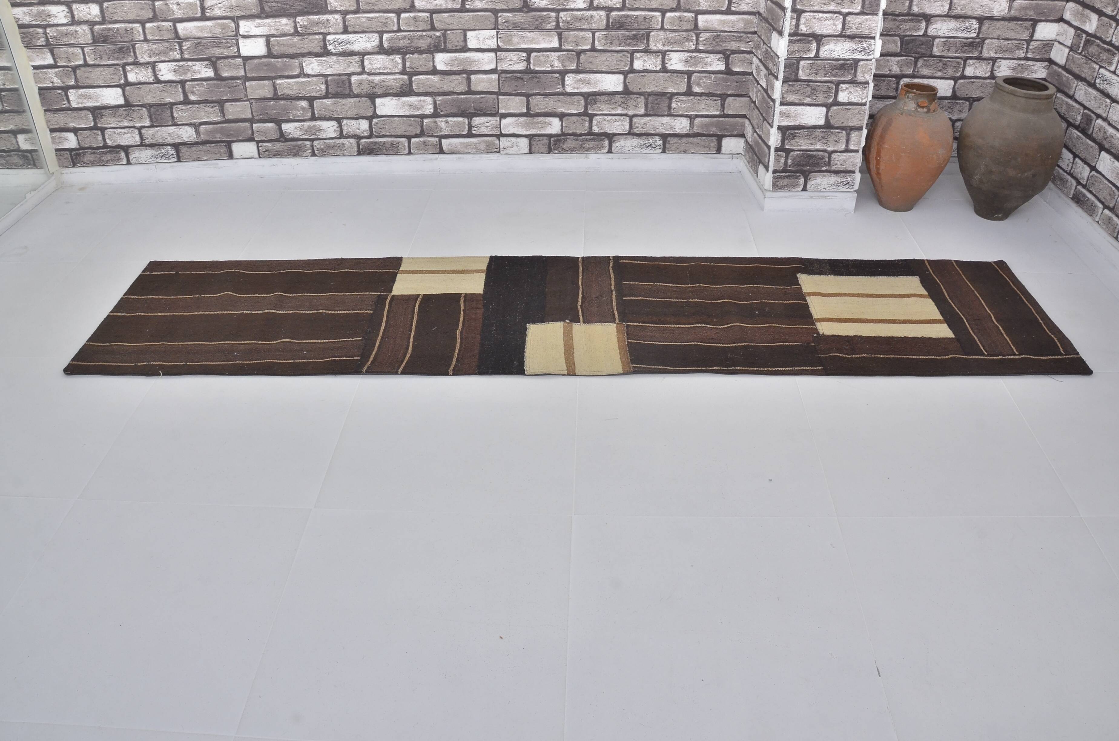 Black And White Handwoven Kilim Runner sku3842